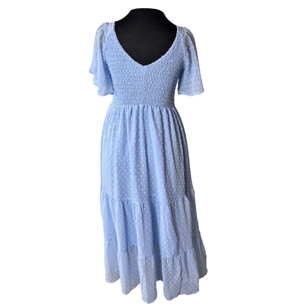 Smocked Bodice Blue Swiss Dot Maxi Dress With V-Back & Flutter Sleeves